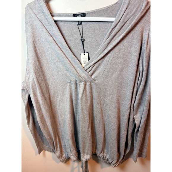 Talbots Woman Petite Grey V Neck Drawstring Hooded Long Sleeve Pullover Top 2XP - Picture 6 of 10